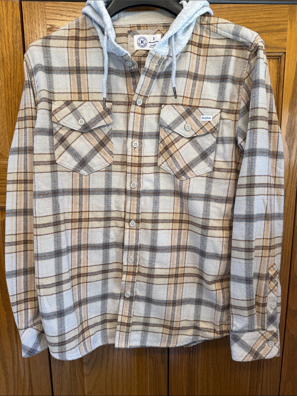 Hurley Beige and Gray Plaid Button-Up Shirt with Light Gray Hood-Small